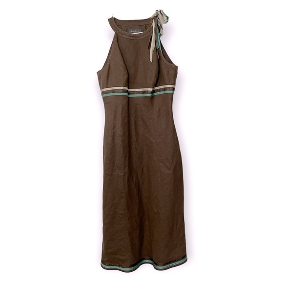 Liz Claiborne Women's Linen Halter Shoulder Tie Midi Dress | Brown | Size 4 - Picture 1 of 10
